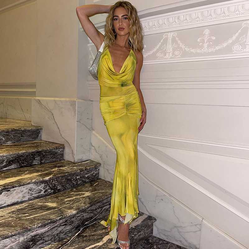 Basic Casual Dresses Women's Spring New Temperament Mature Style Hanging Neck Deep V Printed Long Lotus Leaf Dress