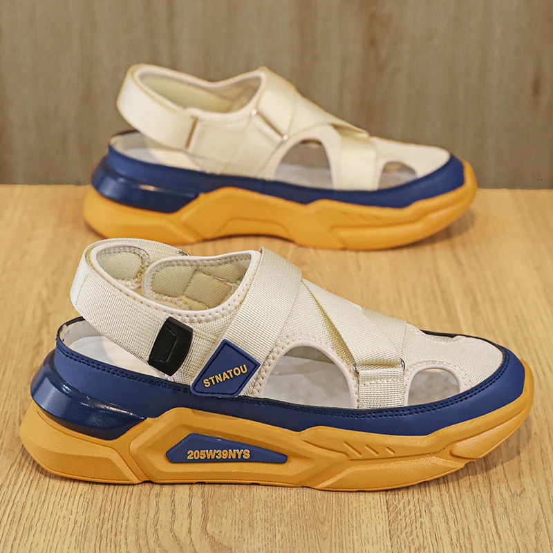 Hollow Slippers Mens 2024 Summer Baotou Slippers Male Shoes Casual Lace Up Canvas Sports Color-block Sandal For Outside 240612