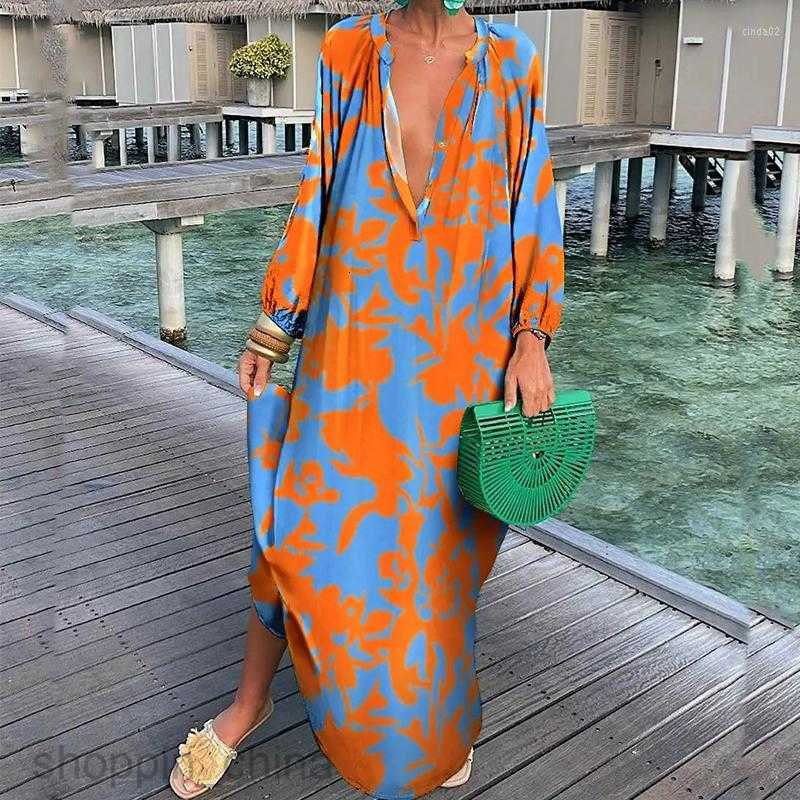Casual Dresses Women Print Loose Beach Elegant Retro Harajuku V-Neck Maxi Dress Sexy Long Sleeve Oversized S02