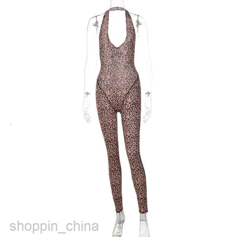 Women's Jumpsuits Rompers Feng Summer New Leopard Print Sexy V-neck Open Back Slim Fit Hanging Neck jumpsuit