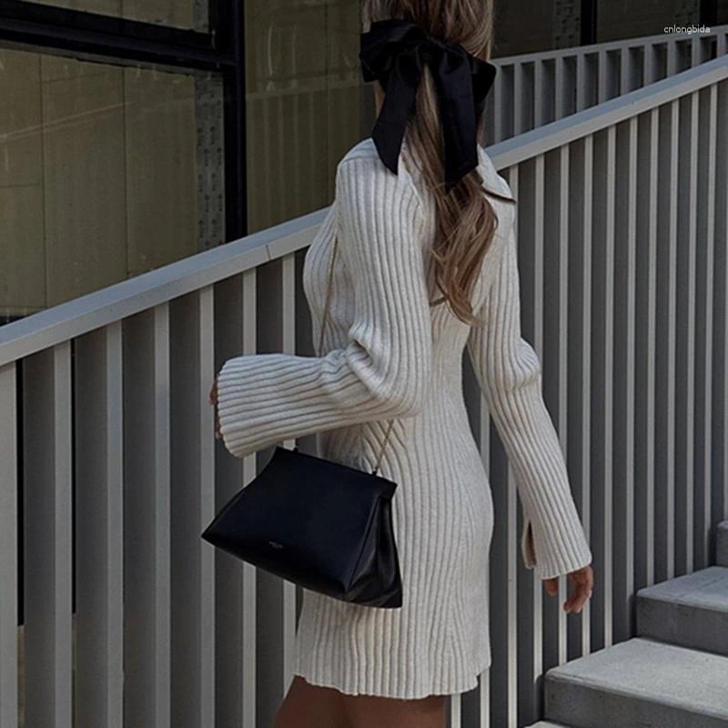 CNLONGBIDA Casual Dresses Elegant Solid Ribbed Knitted Dress Women Fashion Flare Sleeve Mini White Chic Autumn Winter Party Club Robes Sweaters
