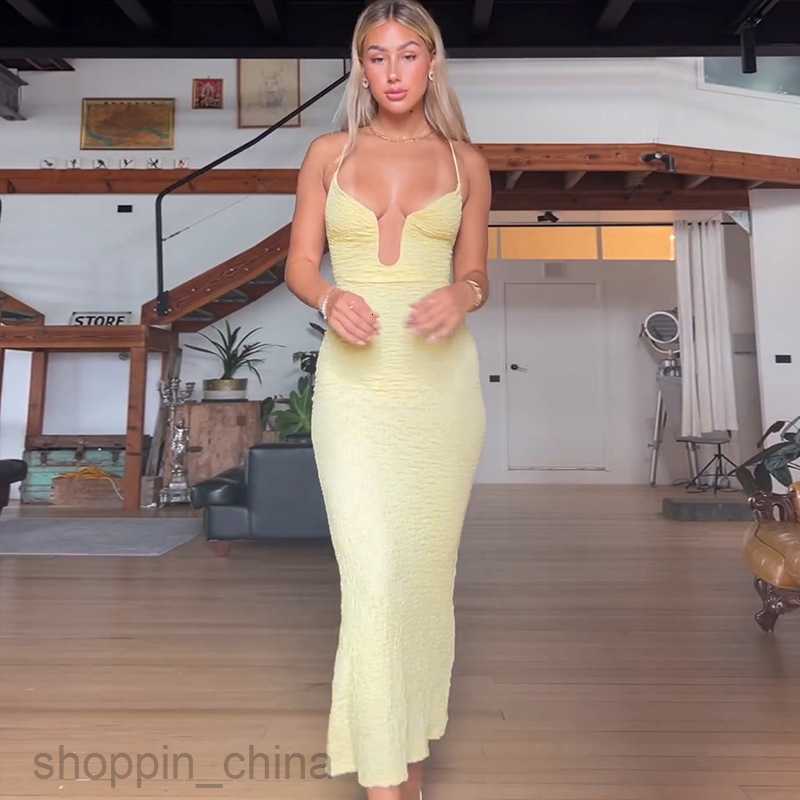 Basic Casual Dresses New Solid Color Sexy U-Neck Steel Ring Back Hollow Spliced Lace up Middle Style Hanging Strap Dress