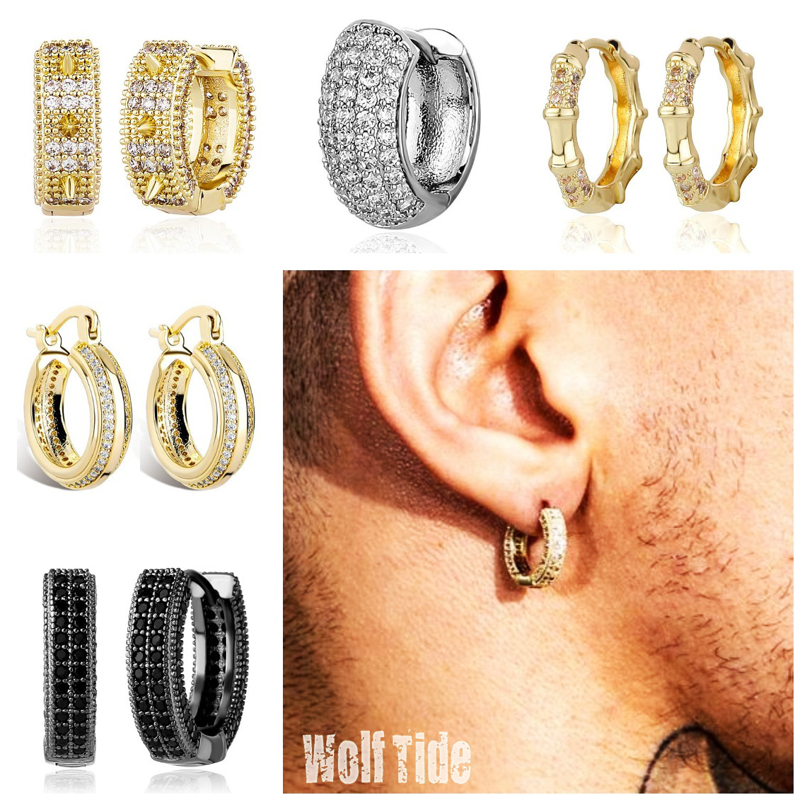 Wolf Tide Personalized 18K Gold Plated hUGGIE Hoop Earrings Blingbling Cubic Zirconia Full Diamond Mens Womens Hip Hop Iced Out CZ Stone Jewelry Bijoux for Couples
