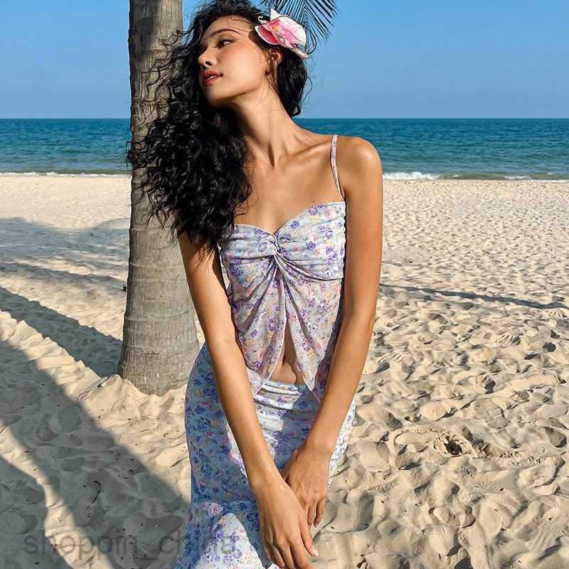 Two Piece Dress Sets style new sexy double-layer mesh suspender slim fit skirt pure desire style floral set for women