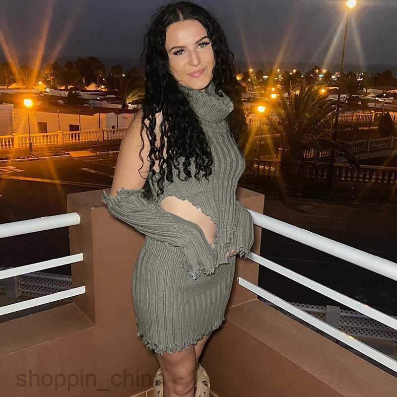 Two Piece Dress Sets New Set Sweater Women Sexy Wrap Chest High Collar Long Sleeve Irregular Short Skirt Edge Three Piece Set Women