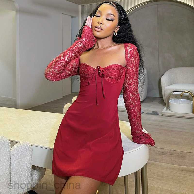 Basic Casual Women Dresses women's clothing sexy chest wrap close fitting patchwork lace long sleeved lace up hanging neck sexy short dress
