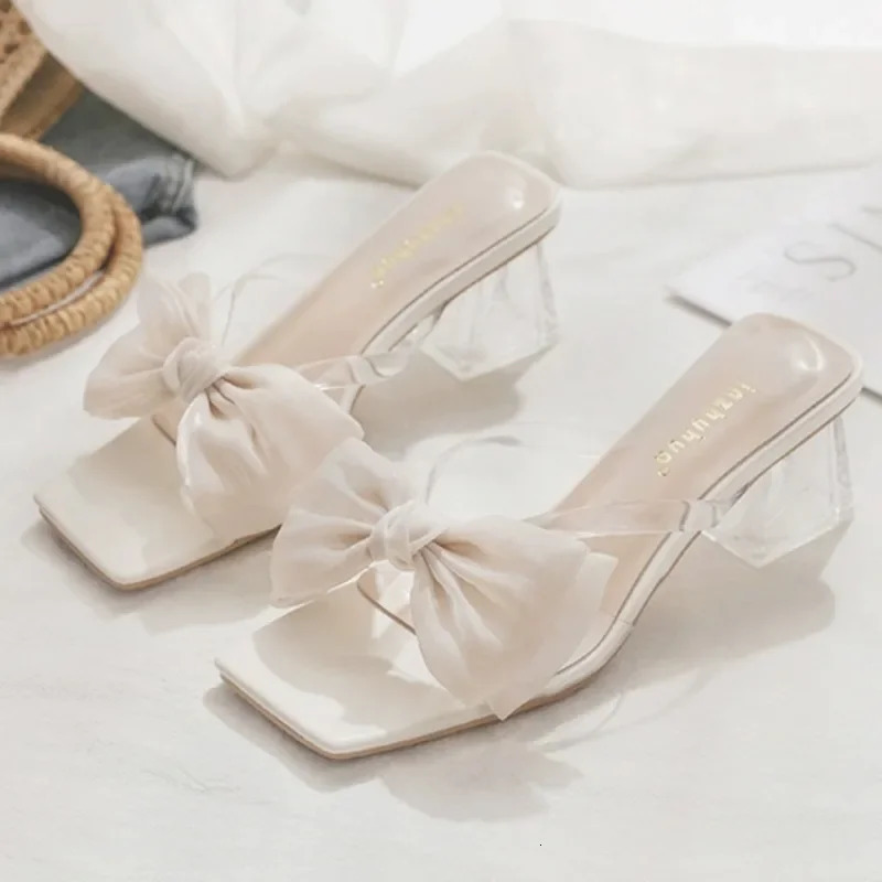 Pink Sandal Slippers Women Shoes 2024 Summer Square Open Toe Bow Fashion Female Slipper Chunky Heel Outside Wear Slides Shoes 240613