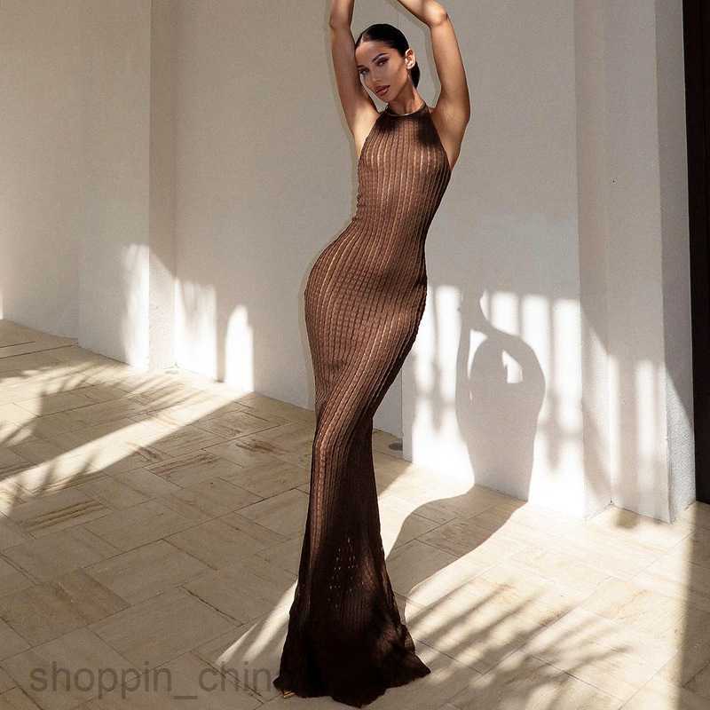 Basic Casual Women Dresses Knitted neck hanging sleeveless tight fitting long dress summer new solid color sexy backless dress for women