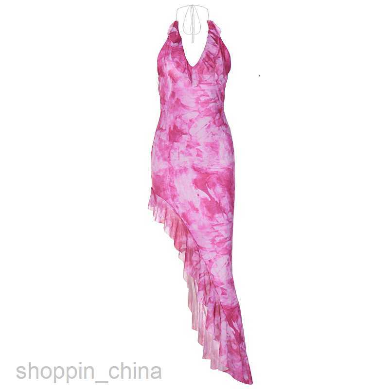 Basic Casual Women Dresses New Printed Women's Sexy V-Neck Open Back Hanging Neck Panel Mesh Wood Ear Edge Dress