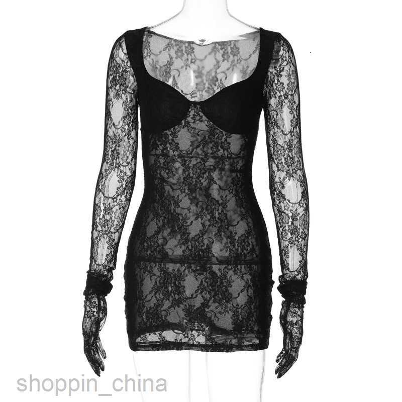Basic Casual Dresses Sexy Perspective Sexy Chest Wrapping Long sleeved Gloves Shaping Hip Wrapping Lace Dress for Women