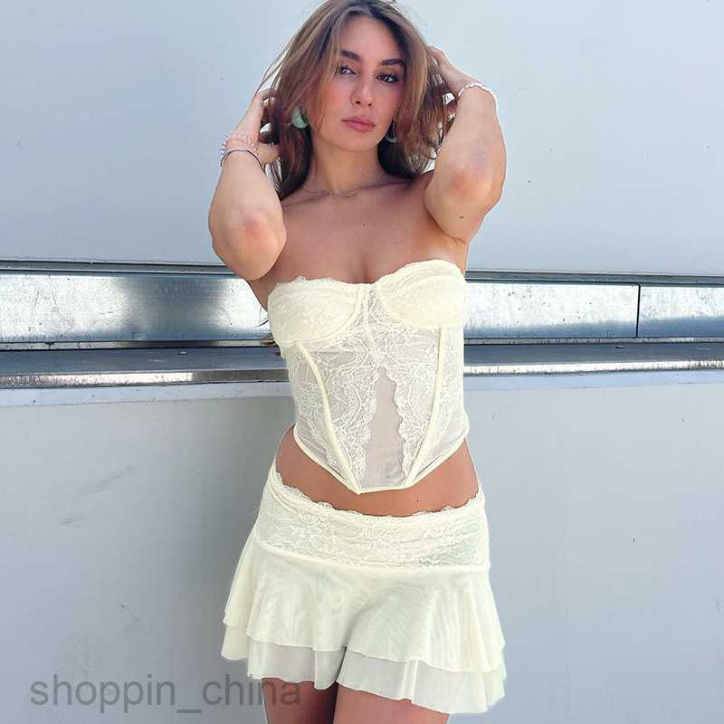 Two Piece Dress Sets Explosive new women's wear sexy collage lace perspective chest wrap super short double-layer pure desire short skirt suit (w