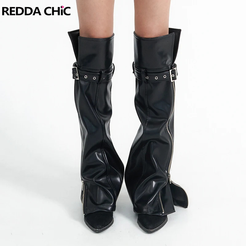 REDDACHiC Zip-up Slit Leather Leg Warmers Women Dark Punk Grayu Black Deconstructed Belt Knee Long Socks Y2k Moto PU Boots Cover 240613