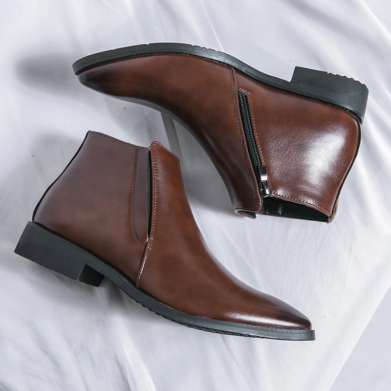 Pointed Toe Mens High Top Footwear Classic Retro Leather Chelsea Boots Men Side Zipper Fashion Ankle Boots Male Business Shoes 240612