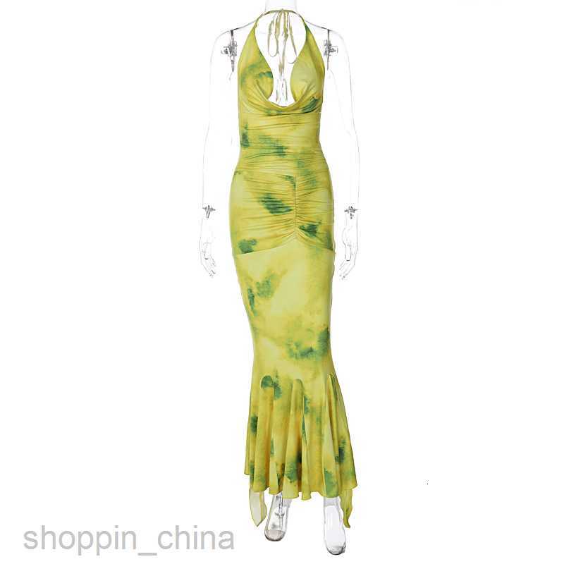 Basic Casual Dresses Women's Spring New Temperament Mature Style Hanging Neck Deep V Printed Long Lotus Leaf Dress