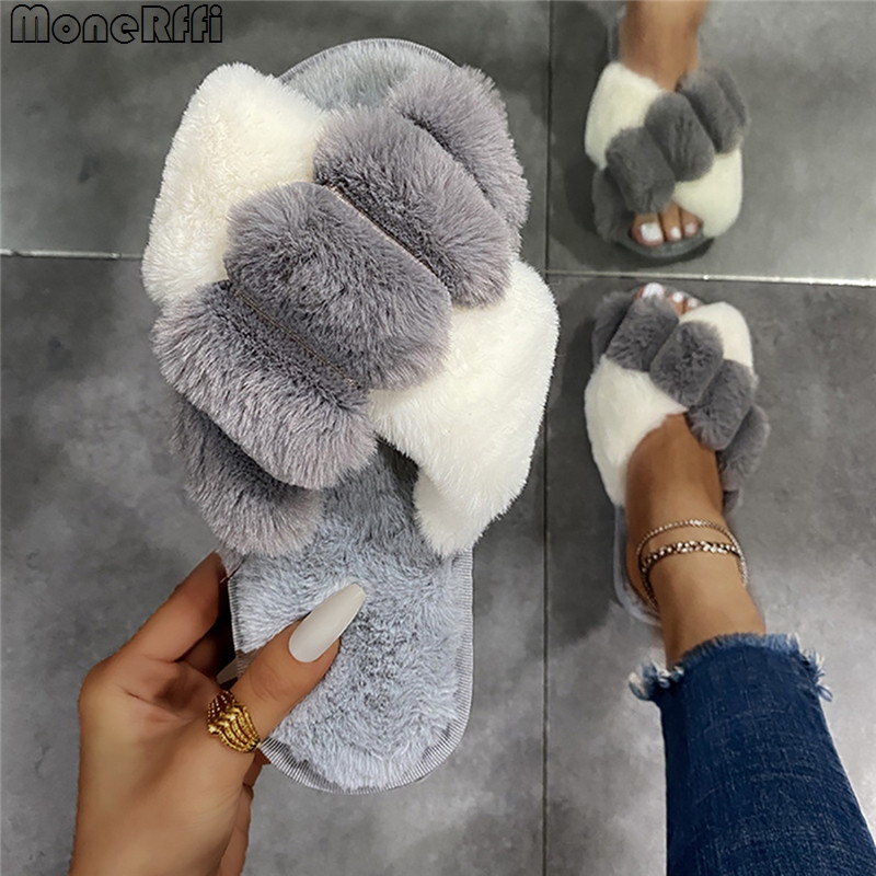 Cross Slippers Winter Fashion Fluffy Fur Slipper Home Slides Platform Flat Indoor or Flip ps Women Ladies Shoes 2022