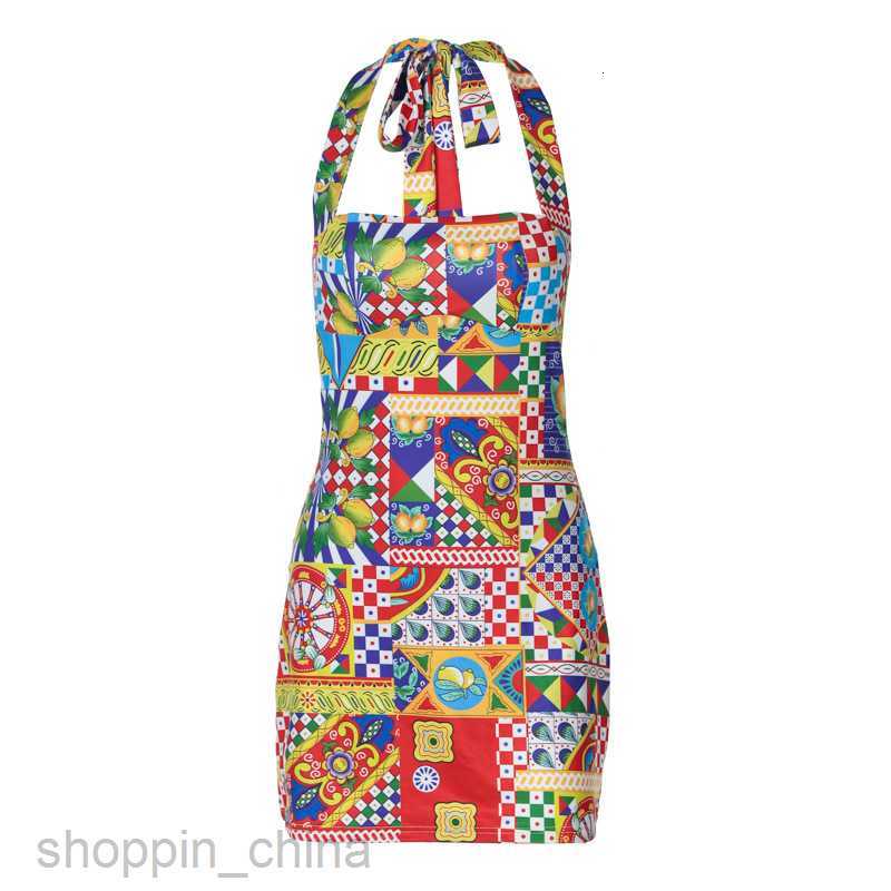 Basic Casual Dresses Feng Summer New Women's Fashion Printed Short Skirt Sexy Lace up Neck Hanging Open Back Dress