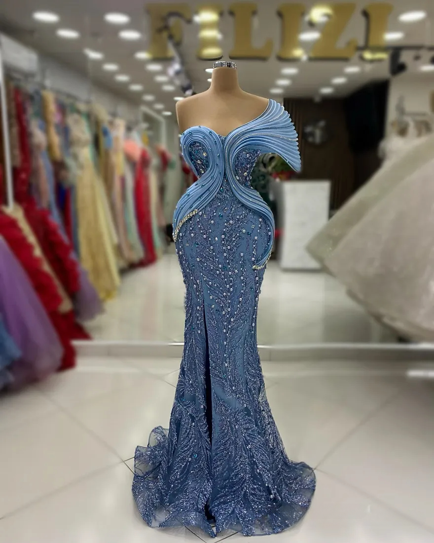 Plus Size 2024 Prom Dresses For Special Occasions Mermaid One Shoulder Beaded Lace Pearls Crystals Birthday Party Gowns Reception Dress Robe De Soiree
