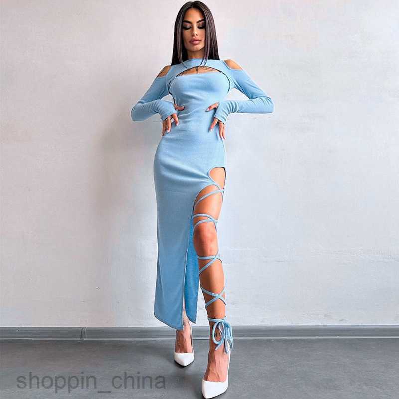 Basic Casual Dresses Sexy Leggings Split Dress Style Spring Women's New Solid Color Long sleeved Hollow Long Skirt