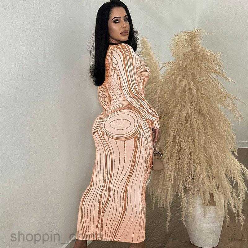 Basic Casual Women Dresses Women Spring New Fashionable Abstract Copying Human Body Print Long style Wrapped Hip Long sleeved Dress for Woman