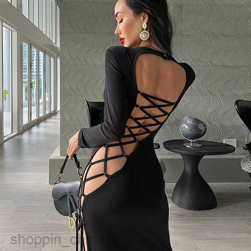 Basic Casual Dresses summer new diagonal slit tie up long sleeved dress for women