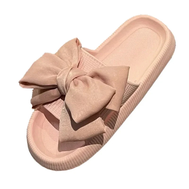 Womens Summer Home Non-Slip Thick Soled High Heels Treading Sandal Slippers 2024 Fashionable Outerwear Bow Slippers 240613