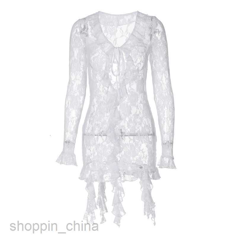 Basic Casual Women Dresses Summer Sexy Spicy Girl Lace Perspective Deep V-neck Slim Wrap Hip Dress