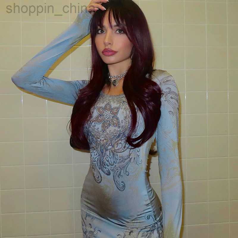 Basic Casual Dresses Women's Spring New Fashionable and Beautiful Print Shining Diamond Long Sleeve Wrapped Hip Dress for Women