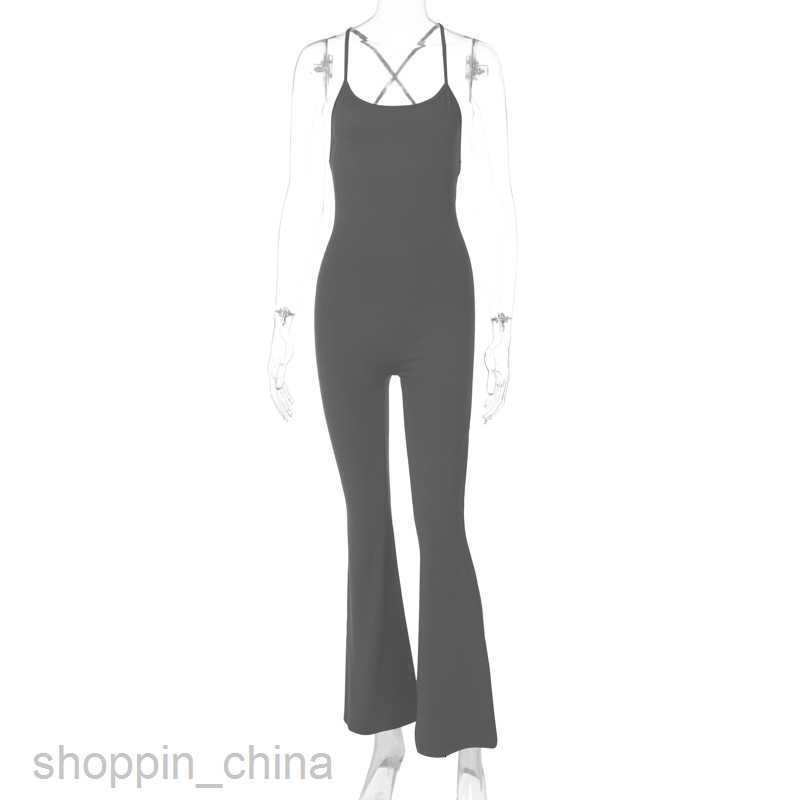 Women Jumpsuits Rompers Women's 2024 spring new solid color suspender backless wide leg flared pants sports yoga jumpsuit