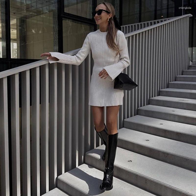CNLONGBIDA Casual Dresses Elegant Solid Ribbed Knitted Dress Women Fashion Flare Sleeve Mini White Chic Autumn Winter Party Club Robes Sweaters