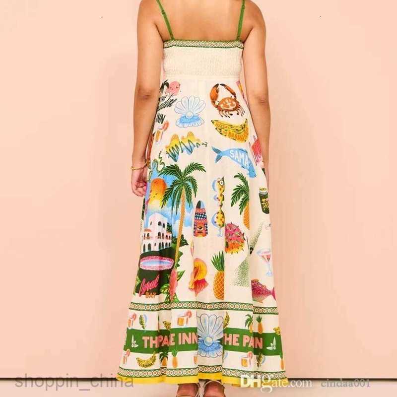 Women Dress Designer New Sexy Suspender Graffiti Cotton And Linen Printed Large Hem Dresses 6 Colours G05