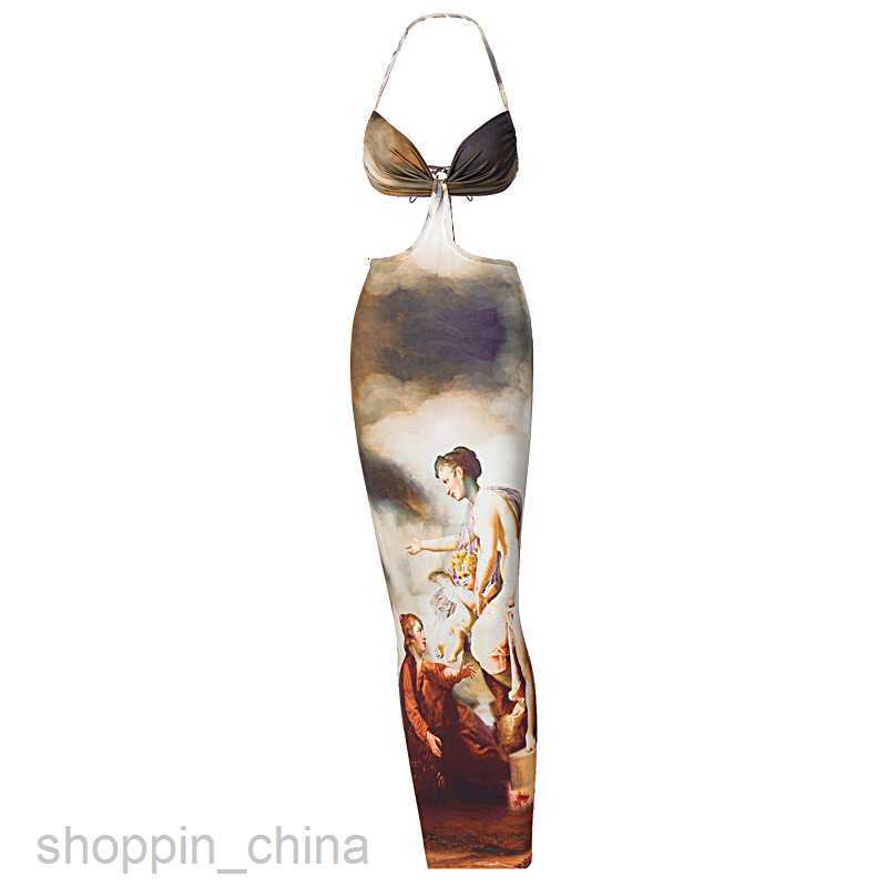 Basic Casual Dresses Women's clothing new product summer hanging neck suspender undershirt waist hollow printed dress