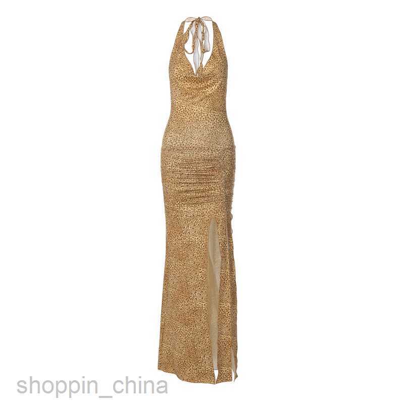 Basic Casual Women Dresses Summer New Fashion Print Sexy V-Neck Hollow Spliced Lace up Hanging Neck Split Dress for Women