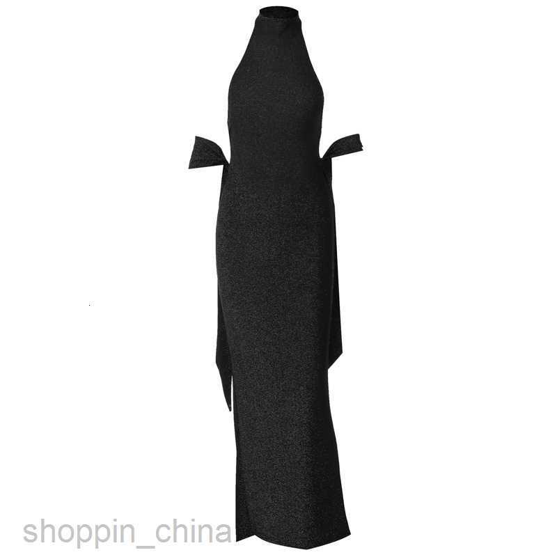 Basic Casual Dresses Fashionable temperament new sexy large piece backless hanging neck slim fitting patchwork long sleeves and shiny silk dress