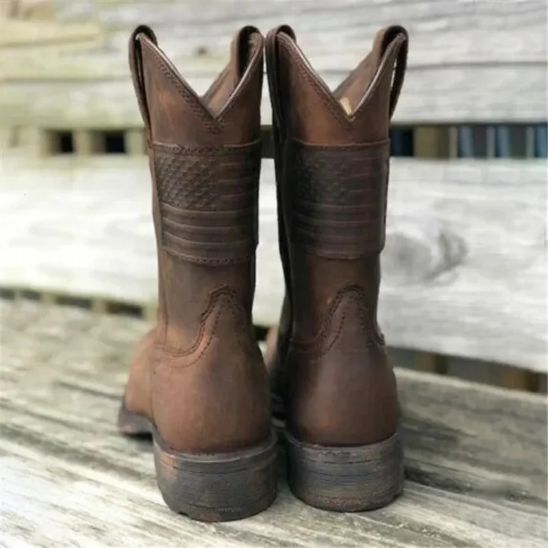 Men Square Toe Thick Heel Mid-Tube Knight Retro Distressed Western Vintage Flag Shoes Leather Boots EU38-45