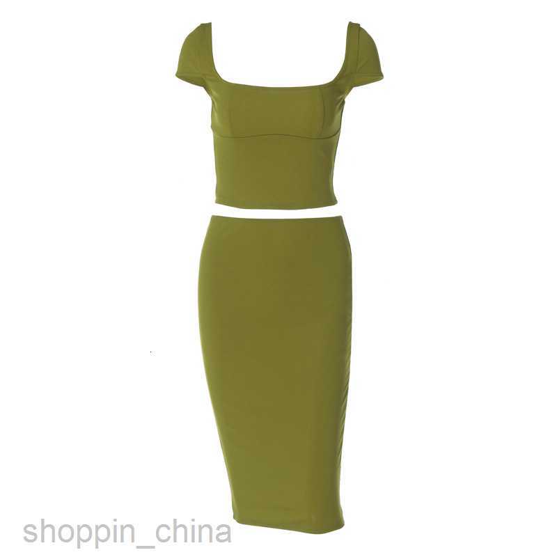 Two Piece Dress Sets Feng Spring New Casual Solid Color Short sleeved Top Close Fit and Hip Wrap Middle Style Skirt Set for Women