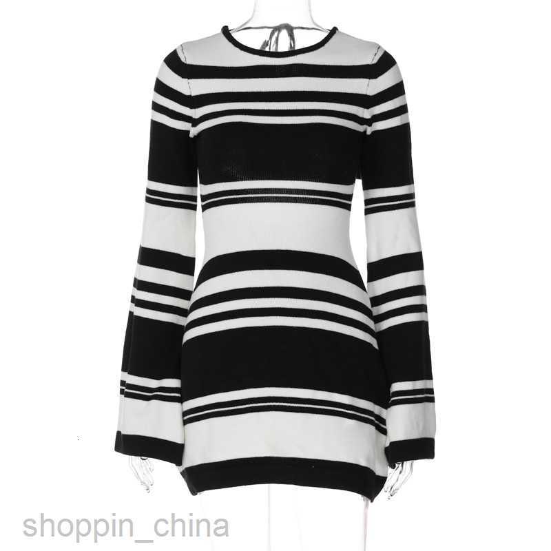 Basic Casual Dresses Knitted sweater striped backless dress winter women's new flared sleeve lace up short skirt