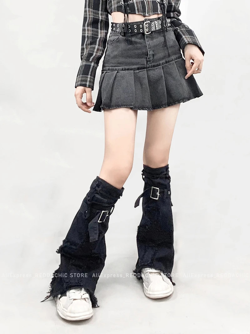 REDDACHiC Cross Raw Edge Women Leg Warmers Black Gaiter Lolita Gothic Beenwarmers Denim Boots Cover Knee Long Socks Y2k Clothes 240613