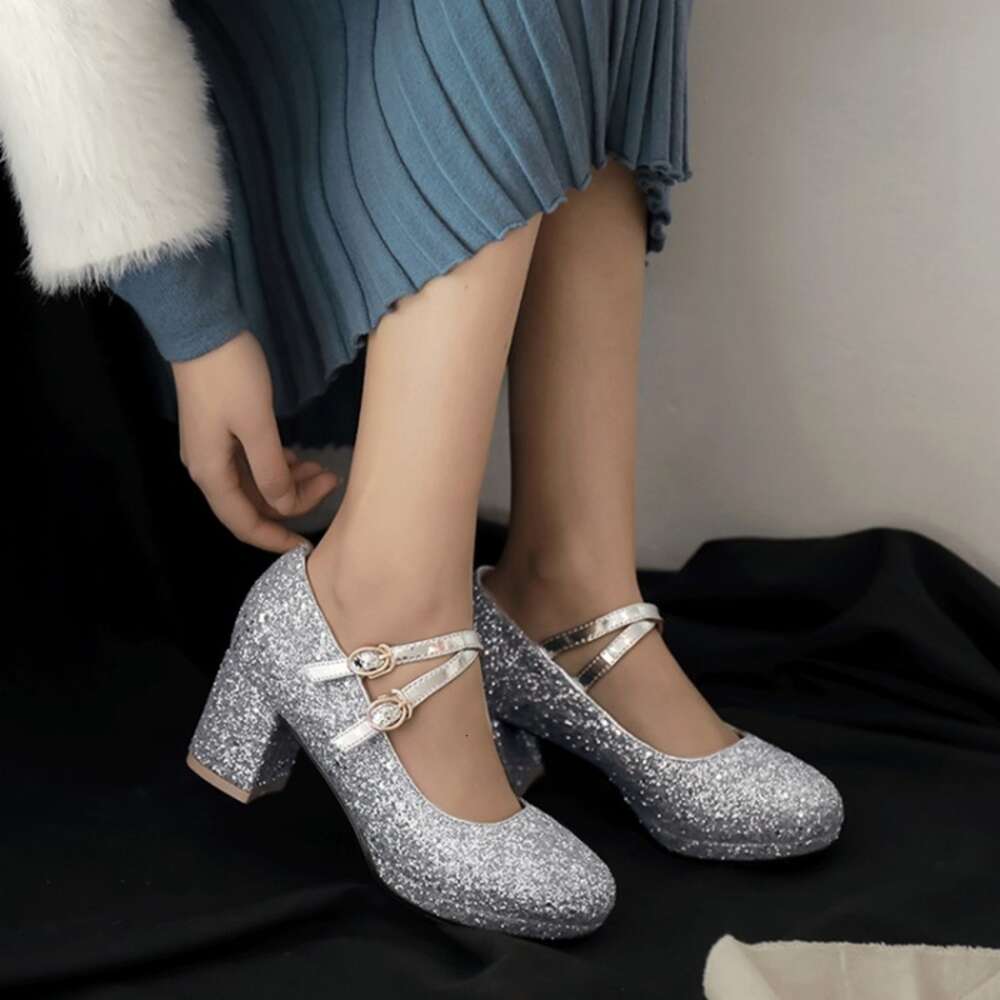 ORCHA LISA Bling Wedding Women Pumps Glitter Rhinestone Ankle Strap Block Heels Party Dress Shoes Gold Sier