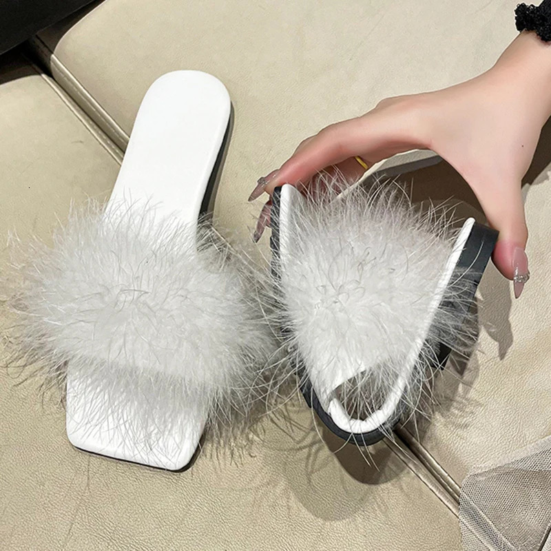 Lucyever Blue Summer Flat Fur Slipper Women Soft Bottom Non Slip Slides Shoes Woman Fashion Square Toe Fluffy Slippers 240612