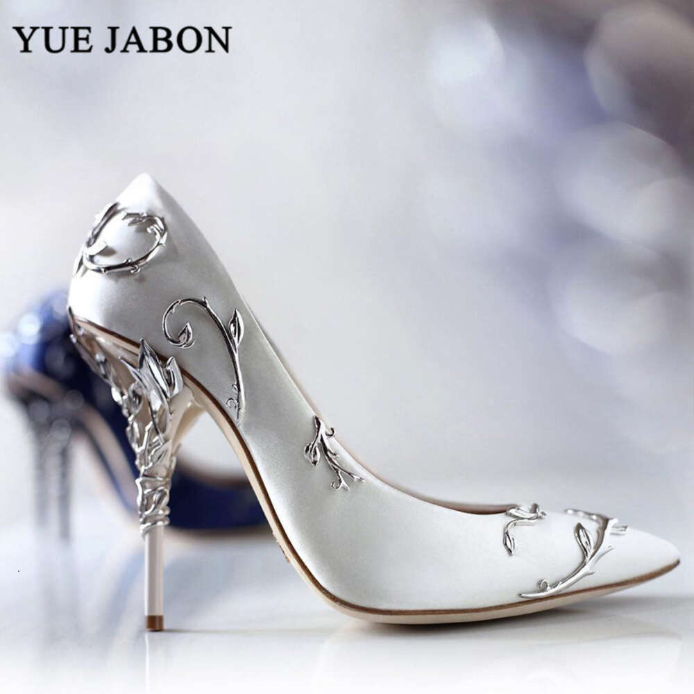 Elegant Silk Women Pumps Leaves Heel High Heels Rhinestone Flower Wedding Shoes Brand Design Pointed Toe Shoes Woman High Heel
