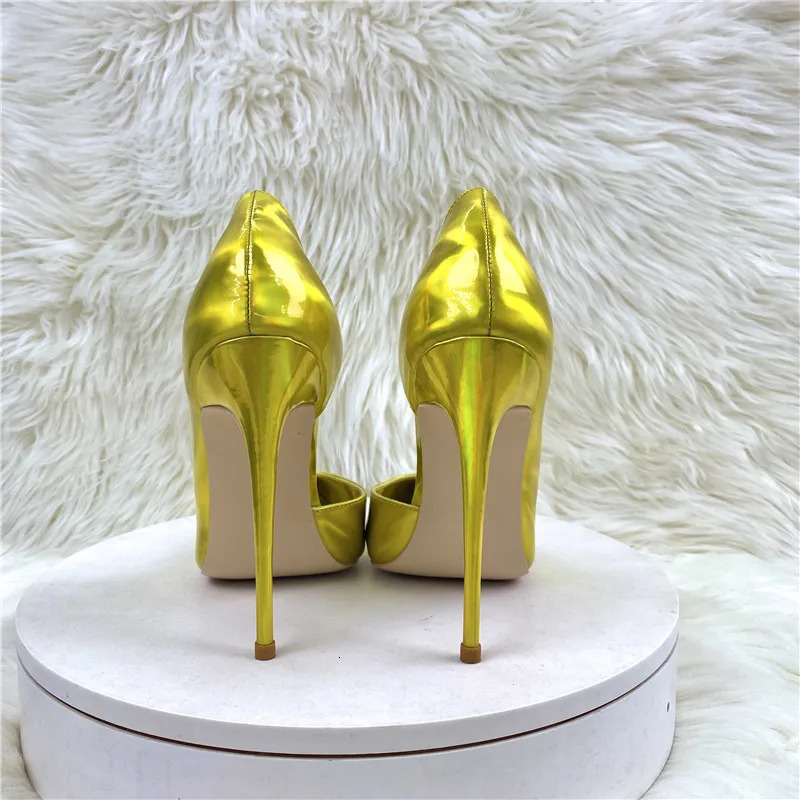 patent leather gold high-heeled shoes 12CM pointed thin heel sexy single shoes side empty wedding pumps 240612