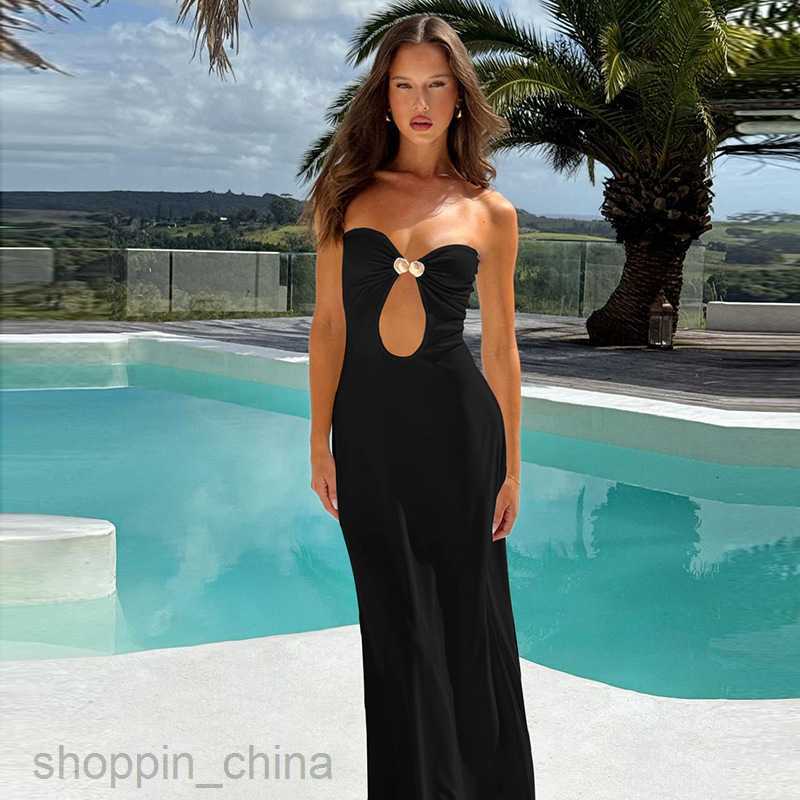 Basic Casual Dresses new sexy patchwork hook buckle hollow out long solid color lady style wrapped chest dress for women