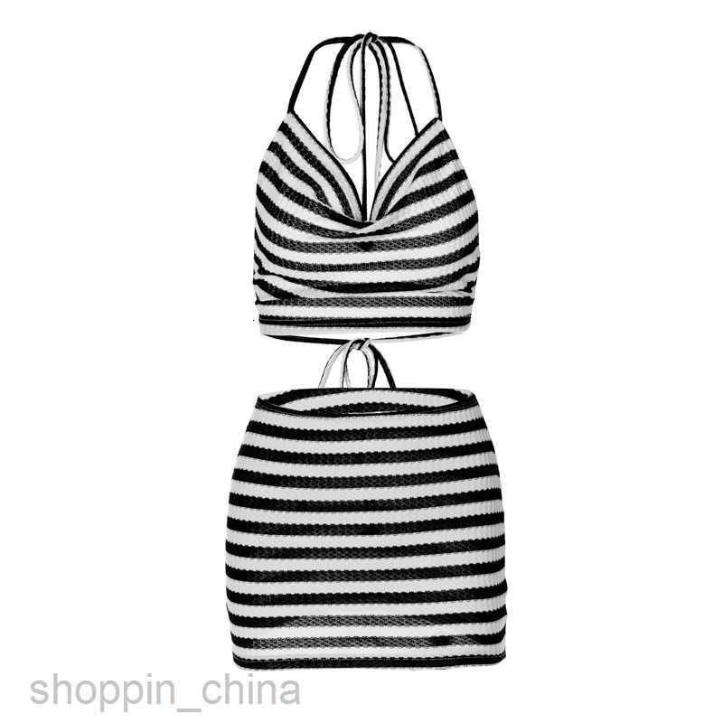 Two Piece Dress Sets New sexy hanging neck backless chest wrapped fashion striped buttocks wrapped short skirt set for women