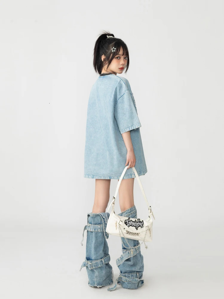 REDDACHiC Acubi Fashion Belt Blue Leg Warmers Womens Gaiter Denim Bandage Y2k Cuffs Boots Cover Thigh-long Socks Topper Legging 240613