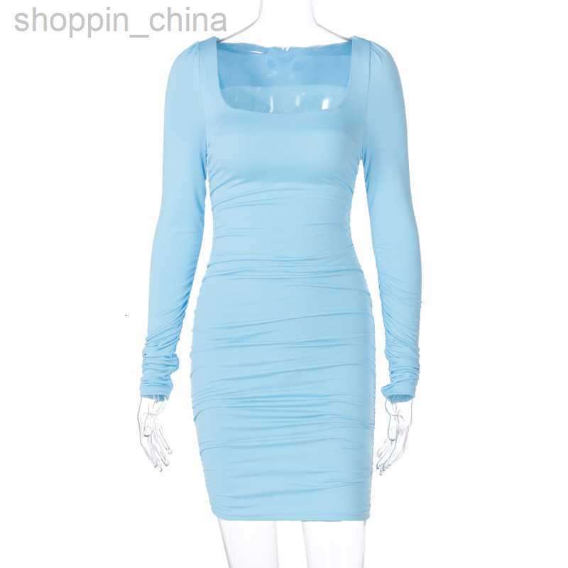Basic Casual Dresses New women's clothing spring square neckline pleated brushed long sleeved sexy slim fit dress