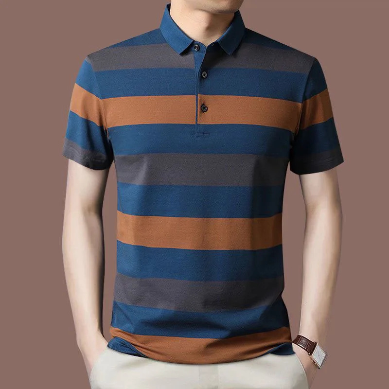 Fashion Men Summer Striped Polo Shirts Short Sleeve Button Knit Lapel Pullover Business Casual Mens Loose Clothing Top y240603