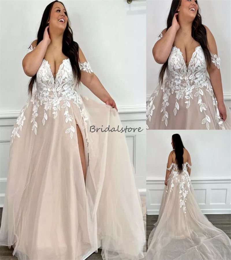 Big Size Chamapagne Wedding Dresses 2024 Off Shoulders Appliques Lace A Line Boho Bridal Gowns Elegant Beach Tulle Country High Slit Bride Dress Vesti