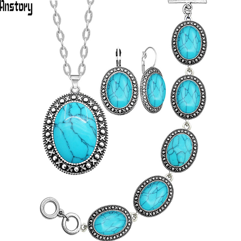 Vintage Oval Synthetic Turquoises Jewelry Sets Necklace Bracelet Earrings For Women Antique Silver Plated Jewelry XS54