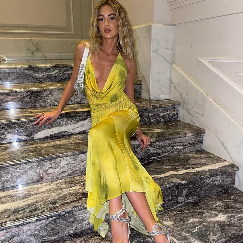 Basic Casual Dresses Women's Spring New Temperament Mature Style Hanging Neck Deep V Printed Long Lotus Leaf Dress