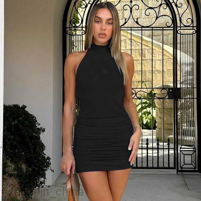 Basic Casual Women Dresses Women's Spring New Sexy Hollow Back Neck Hanging Neck Wrapped Hip Fold Dress for Women